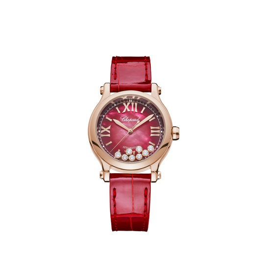 Chopard Happy Sport Rose Gold 33 MM - Red Leather Strap - Red Diamond Dial - 275378-5005