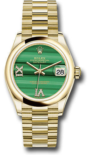 Rolex Yellow Gold Datejust - 31 MM - President Bracelet - Domed Bezel - Malachite Diamond Six and Nine Dial - 278248 madr69p