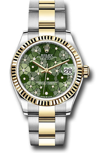 Rolex Steel and Yellow Gold Datejust - 31 MM - Oyster Bracelet - Fluted Bezel - Olive Green Floral Motif Diamond 6 Dial - 278273 ogflomdo