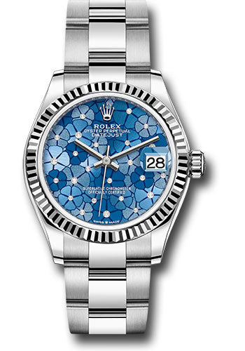 Rolex Steel and White Gold Datejust - 31 MM - Oyster Bracelet - Fluted Bezel - Azzurro Blue Floral Motif Diamond Dial - 278274 azflomdo