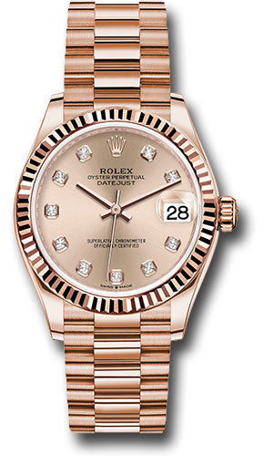 Rolex Everose Gold Datejust - 31 MM -  President Bracelet - Fluted Bezel - Rosé Diamond Dial - 278275 rsdp