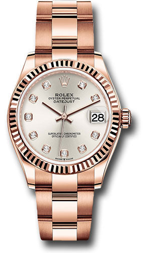 Rolex Everose Gold Datejust - 31 MM - Oyster Bracelet - Fluted Bezel - Silver Diamond Dial - 278275 sdo