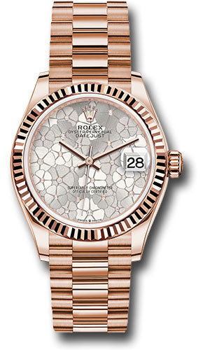 Rolex Everose Gold Datejust - 31 MM -  President Bracelet - Fluted Bezel - Silver Floral Motif Diamond Dial - 278275 sflomdp