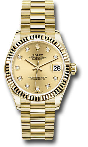 Rolex Yellow Gold Datejust - 31 MM - President Bracelet - Fluted Bezel - Champagne Diamond Dial - 278278 chdp