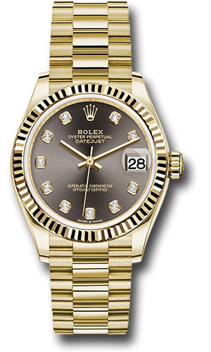 Rolex Yellow Gold Datejust - 31 MM - President Bracelet - Fluted Bezel - Dark Grey Diamond Dial - 278278 dkgdp