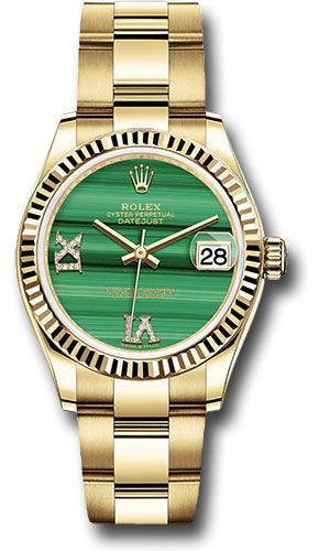 Rolex Yellow Gold Datejust - 31 MM - Oyster Bracelet - Fluted Bezel - Malachite Diamond Six and Nine Dial - 278278 madr69o