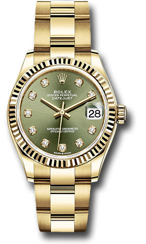 Rolex Yellow Gold Datejust - 31 MM - Oyster Bracelet - Fluted Bezel - Olive Green Diamond Dial - 278278 ogdo