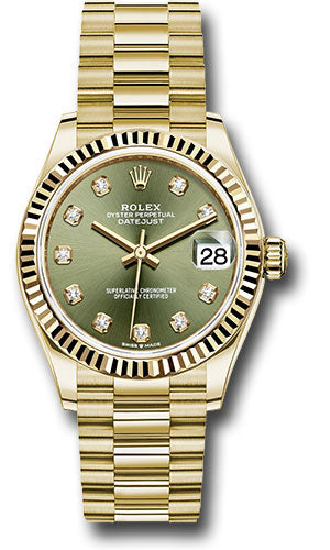 Rolex Yellow Gold Datejust - 31 MM - President Bracelet - Fluted Bezel - Olive Green Diamond Dial - 278278 ogdp