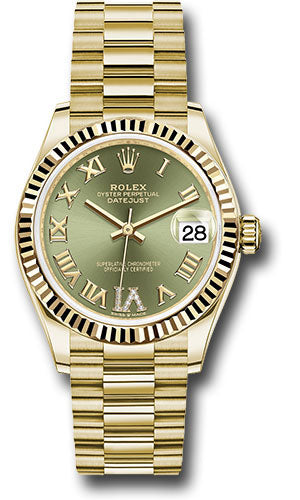 Rolex Yellow Gold Datejust - 31 MM - President Bracelet - Fluted Bezel - Olive Green Diamond Six Dial - 278278 ogdr6p