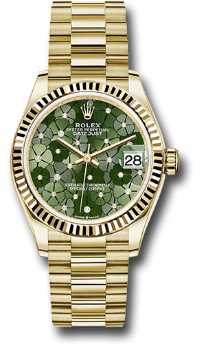 Rolex Yellow Gold Datejust - 31 MM - President Bracelet - Fluted Bezel - Olive Green Floral Motif Diamond 6 Dial - 278278 ogflomdp