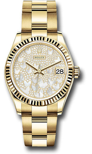 Rolex Yellow Gold Datejust - 31 MM - Oyster Bracelet - Fluted Bezel - Paved Mother-of-Pearl Butterfly Dial - 278278 pmopbo