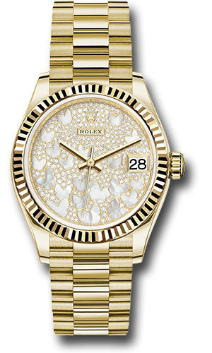 Rolex Yellow Gold Datejust - 31 MM - President Bracelet - Fluted Bezel - Paved Mother-of-Pearl Butterfly Dial - 278278 pmopbp