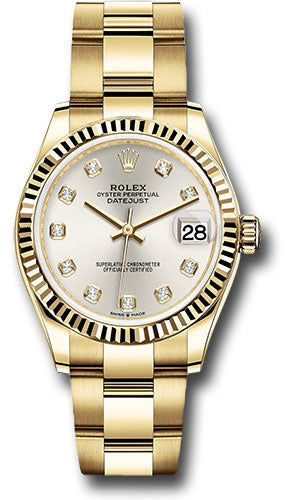 Rolex Yellow Gold Datejust - 31 MM - Oyster Bracelet - Fluted Bezel - Silver Diamond Dial - 278278 sdo