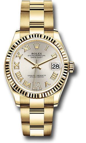 Rolex Yellow Gold Datejust - 31 MM - Oyster Bracelet - Fluted Bezel - Silver Diamond Six Dial - 278278 sdr6o