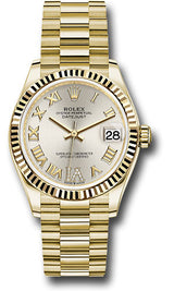 Rolex Yellow Gold Datejust - 31 MM - President Bracelet - Fluted Bezel - Silver Diamond Six Dial - 278278-0028