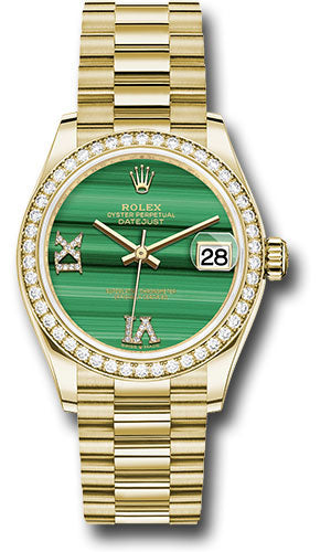 Rolex Yellow Gold Datejust - 31 MM - President Bracelet - Diamond Bezel - Malachite Diamond Six and Nine Dial - 278288RBR madr69p