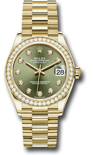 Rolex Yellow Gold Datejust - 31 MM - President Bracelet - Diamond Bezel - Olive Green Diamond Dial - 278288RBR ogdp