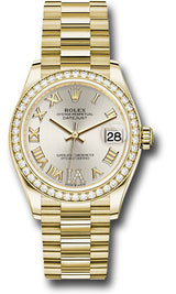 Rolex Yellow Gold Datejust - 31 MM - President Bracelet - Diamond Bezel - Silver Diamond Six Dial - 278288RBR-0020