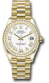 Rolex Yellow Gold Datejust - 31 MM - President Bracelet - Diamond Bezel - White Roman Dial - 278288RBR-0009