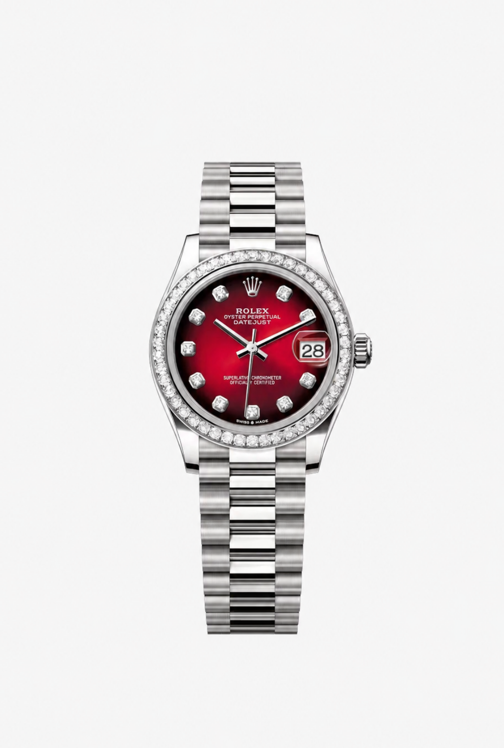 Rolex Datejust - 31 MM - White Gold - Red Ombré Dial - Diamond Bezel - President Bracelet - 278289RBR-0028