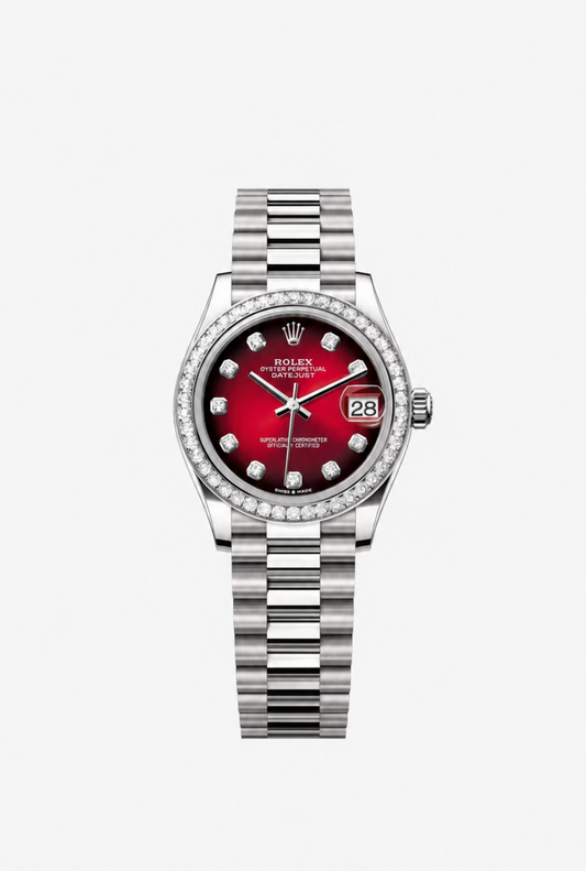 Rolex Datejust - 31 MM - White Gold - Red Ombré Dial - Diamond Bezel - President Bracelet - 278289RBR-0028
