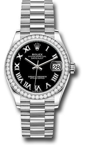 Rolex White Gold Datejust - 31 MM - President Bracelet - Diamond Bezel - Bright Black Roman Dial - 278289rbr bkrp