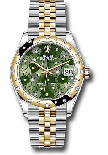 Rolex Steel and Yellow Gold Datejust - 31 MM - Jubilee Bracelet - Domed Diamond Bezel - Olive Green Floral Motif Diamond 6 Dial - 278343rbr ogflomdj