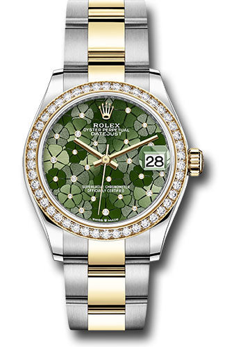 Rolex Steel and Yellow Gold Datejust - 31 MM - Oyster Bracelet - Diamond Bezel - Olive Green Floral Motif Diamond 6 Dial - 278383rbr ogflomdo