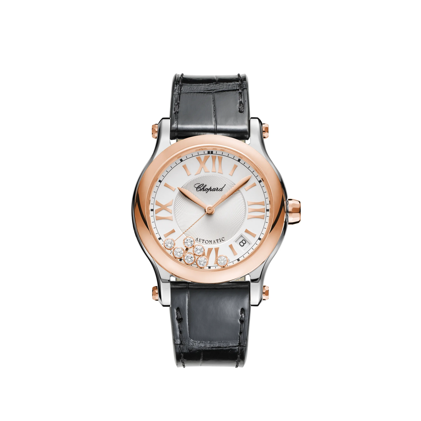 Chopard Happy Sport Rose Gold and Stainless Steel 36 MM - Black Leather Strap - White Diamond Dial - 278559-6001