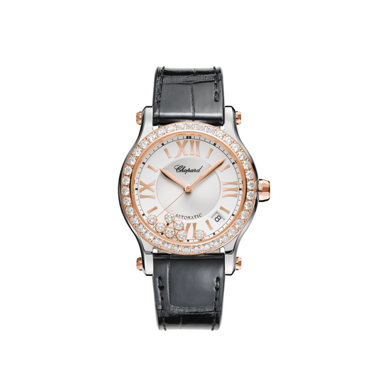 Chopard Happy Sport Rose Gold and Stainless Steel 36 MM - Black Leather Strap - Diamond Bezel -  White Diamond Dial - 278559-6003