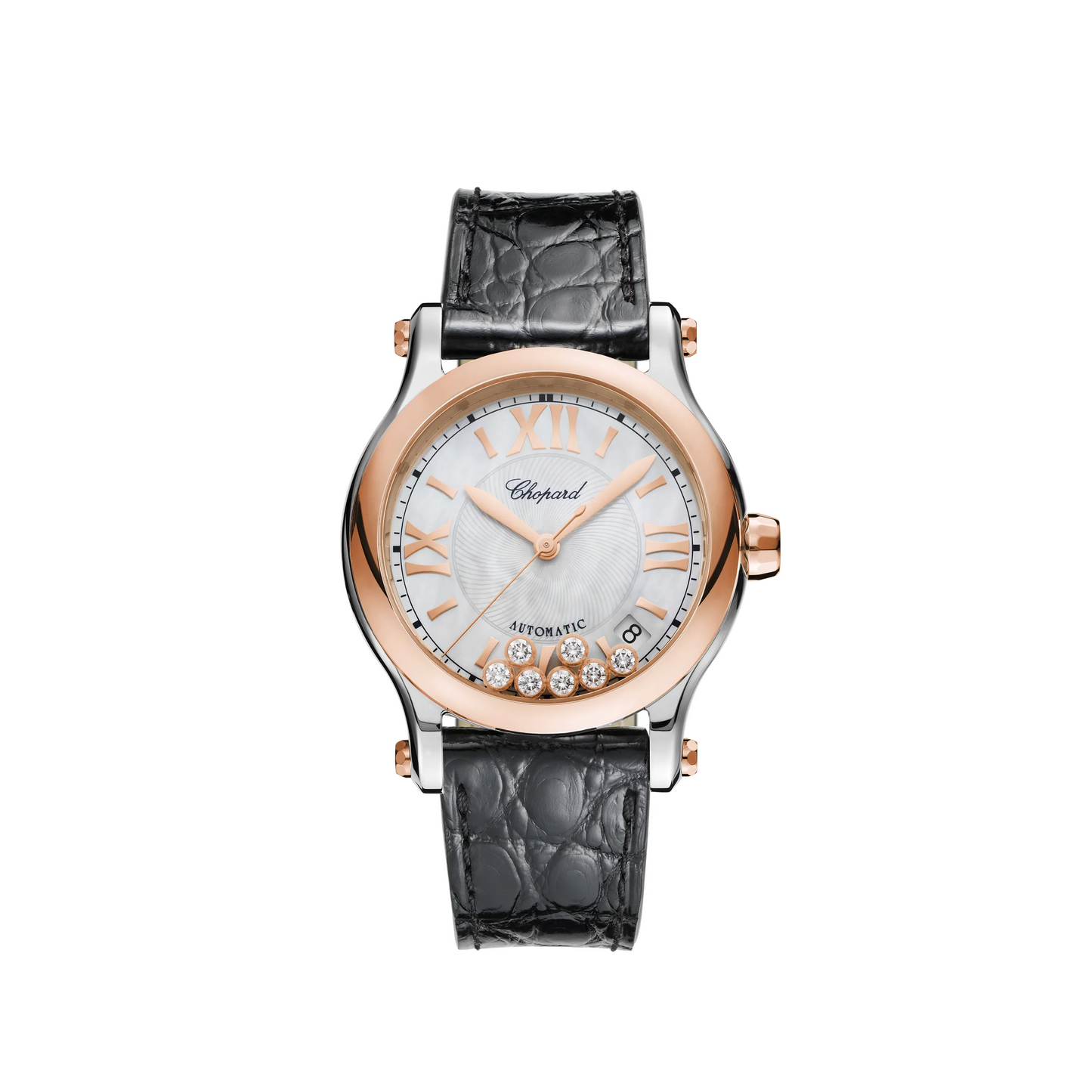 Chopard Happy Sport Rose Gold and Stainless Steel 36 MM - Black Leather Strap - White Diamond Dial - 278559-6008