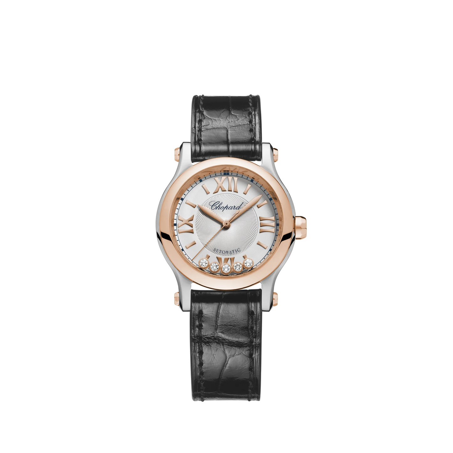 Chopard Happy Sport Rose Gold and Stainless Steel 30 MM - Black Leather Strap - White Diamond Dial - 278573-6013