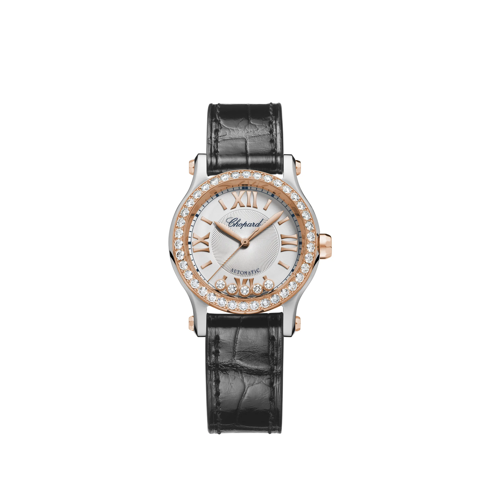 Chopard Happy Sport Stainless steel and Rose Gold 30 MM - Black Alligator Strap - Diamond Bezel - White Diamond Dial - 278573-6015