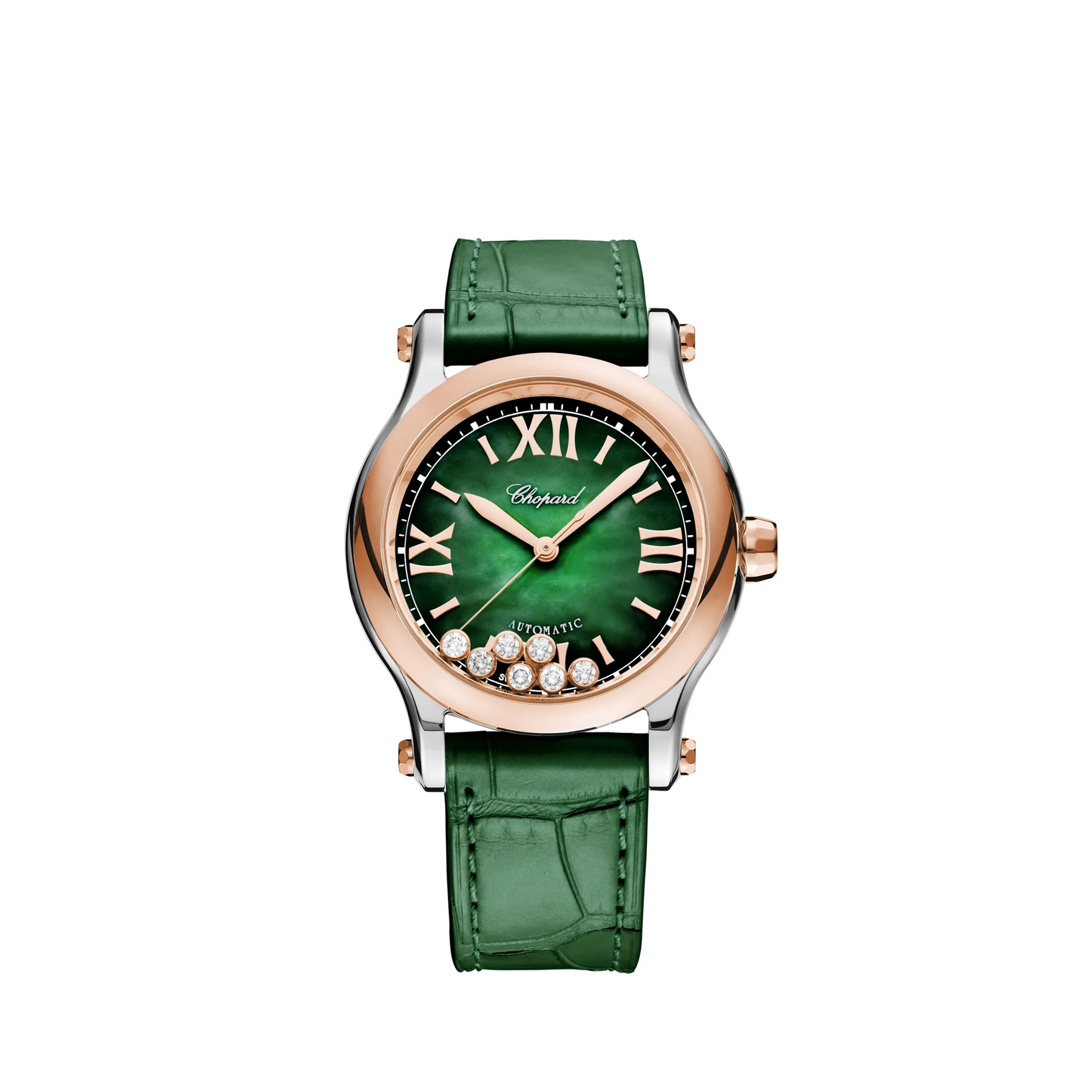 Chopard Happy Sport Stainless Steel and Rose Gold 36 MM - Green Leather Strap - White Diamond Dial - 278578-6002