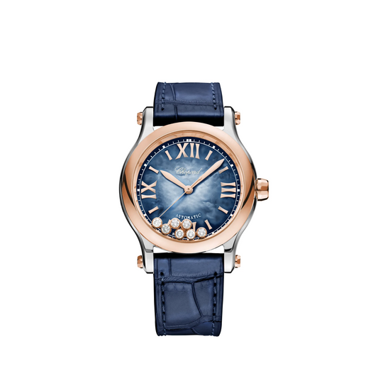 Chopard Happy Sport Stainless Steel and Rose Gold 36 MM - Blue Leather Strap - Blue Diamond Dial - 278578-6003