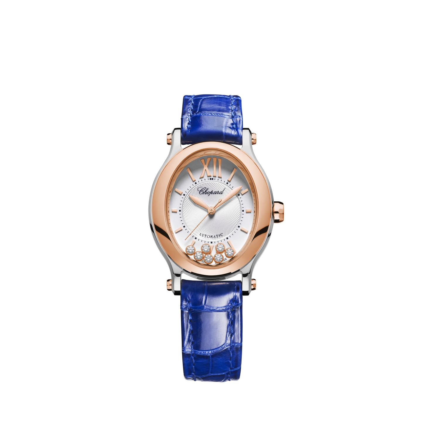 Chopard Happy Sport Stainless Steel and Rose Gold 29 x 31 MM - Blue Alligator Strap - White Diamond Dial - 278602-6001