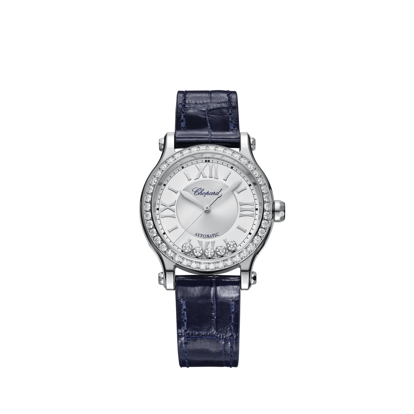 Chopard Happy Sport Stainless Steel 33 MM - Blue Alligator Strap - Diamond Bezel - White Diamond Dial - 278608-3003