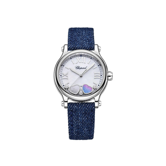 Chopard Happy Sport Happy Hearts - Stainless Steel - 33 MM - Navy Blue Denim Strap - Mother-Of-Pearl Dial - 278608-3012