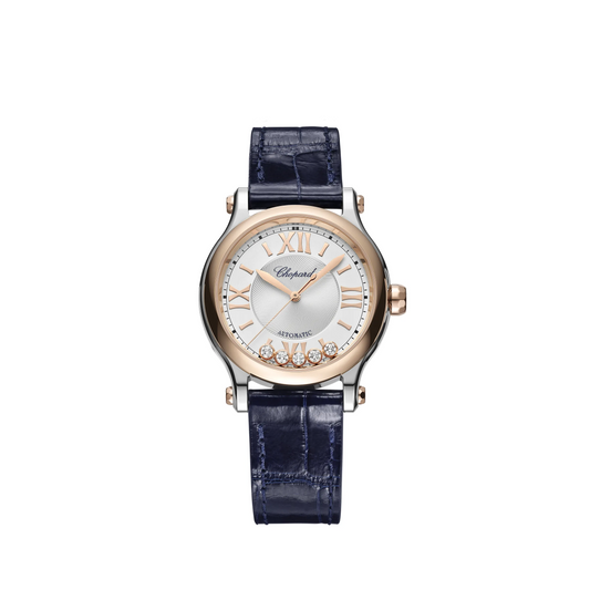 Chopard Happy Sport Rose Gold and Stainless Steel 33 MM - Blue Leather Strap - White Diamond Dial - 278608-6001