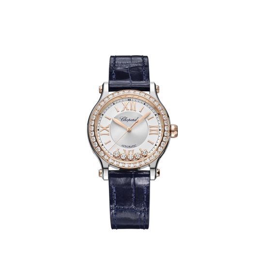 Chopard Happy Sport Stainless Steel and Rose Gold 33 MM - Blue Alligator Strap - Diamond Bezel -  White Diamond Dial - 278608-6003