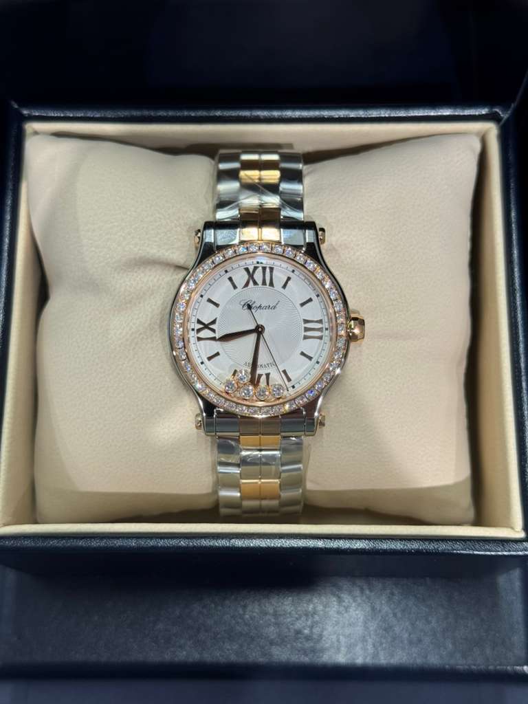 Chopard Happy Sport Stainless Steel and Rose Gold 33 MM - Stainless Steel Bracelet - Diamond Bezel - White Diamond Dial - 278608-6004