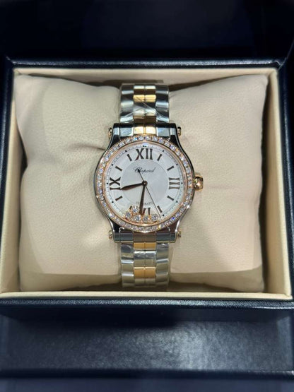 Chopard Happy Sport Stainless Steel and Rose Gold 33 MM - Stainless Steel Bracelet - Diamond Bezel - White Diamond Dial - 278608-6004