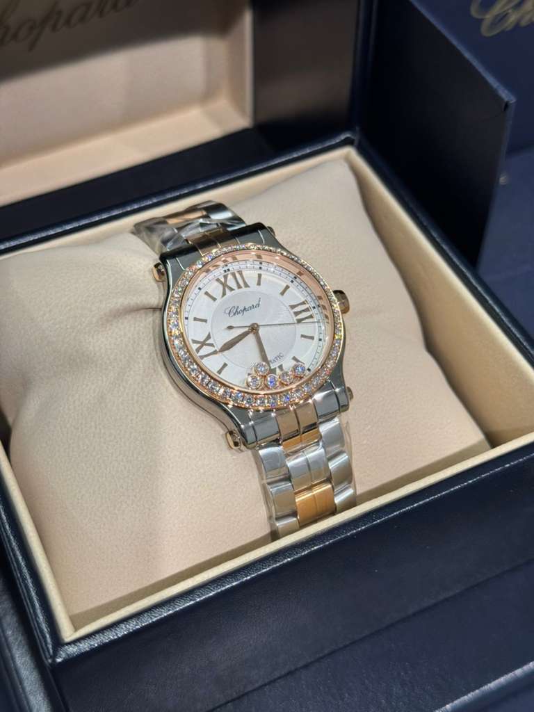 Chopard Happy Sport Stainless Steel and Rose Gold 33 MM - Stainless Steel Bracelet - Diamond Bezel - White Diamond Dial - 278608-6004