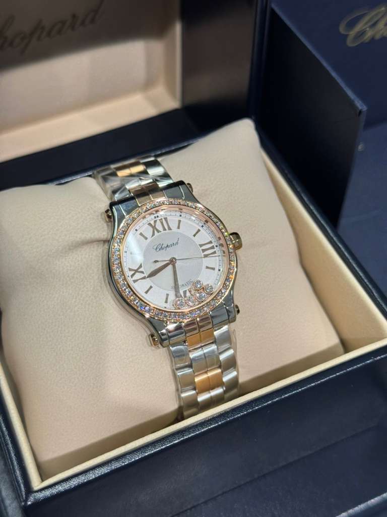 Chopard Happy Sport Stainless Steel and Rose Gold 33 MM - Stainless Steel Bracelet - Diamond Bezel - White Diamond Dial - 278608-6004