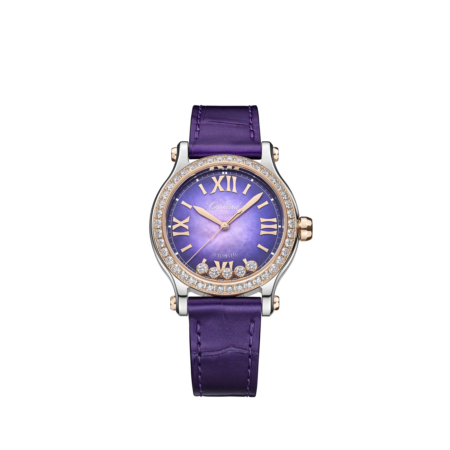 Chopard Happy Sport Stainless Steel and Rose Gold 33 MM - Purple Alligator Strap - Diamond Bezel - Purple Diamond Dial - 278608-6012