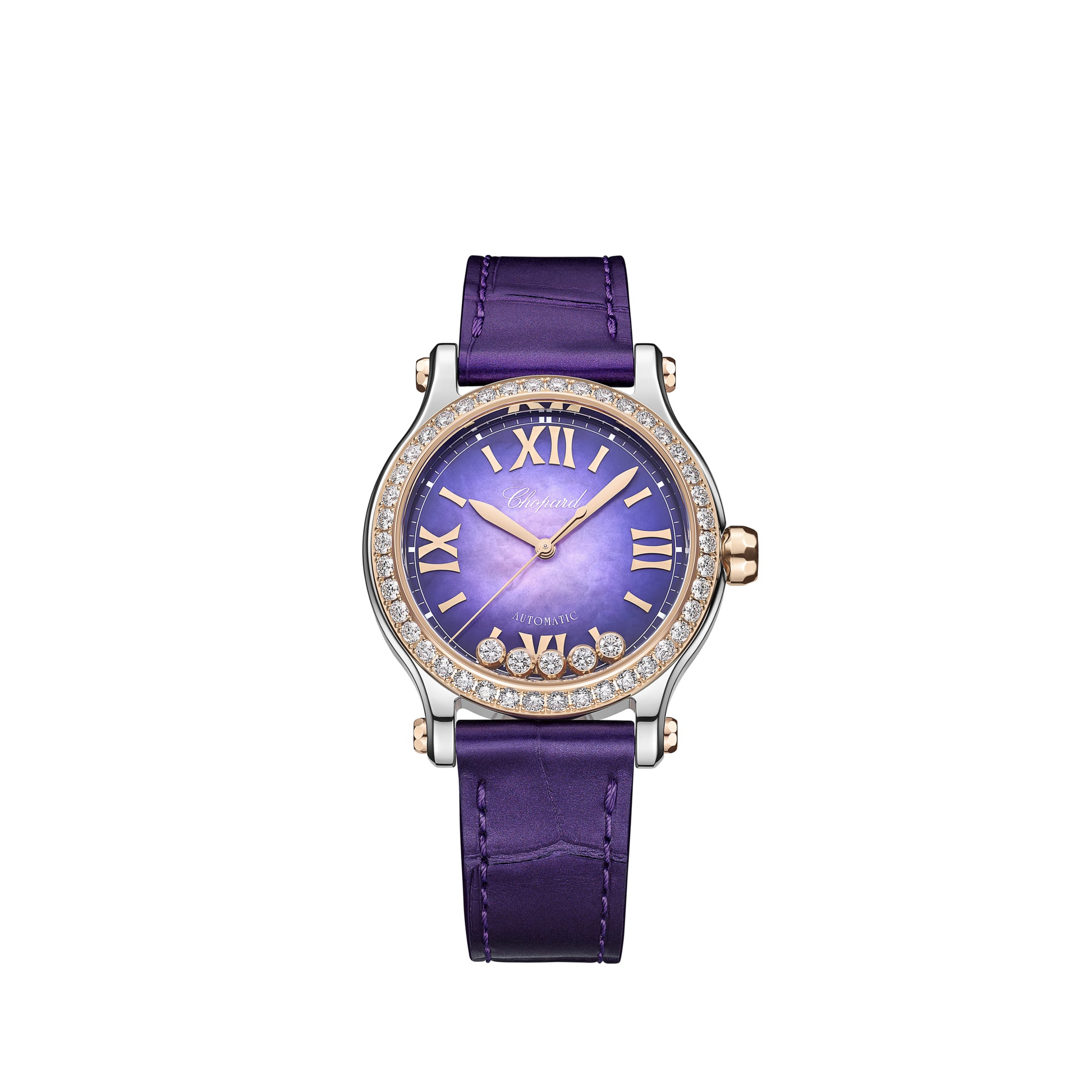 Chopard Happy Sport Stainless Steel and Rose Gold 33 MM - Purple Alligator Strap - Diamond Bezel - Purple Diamond Dial - 278608-6012