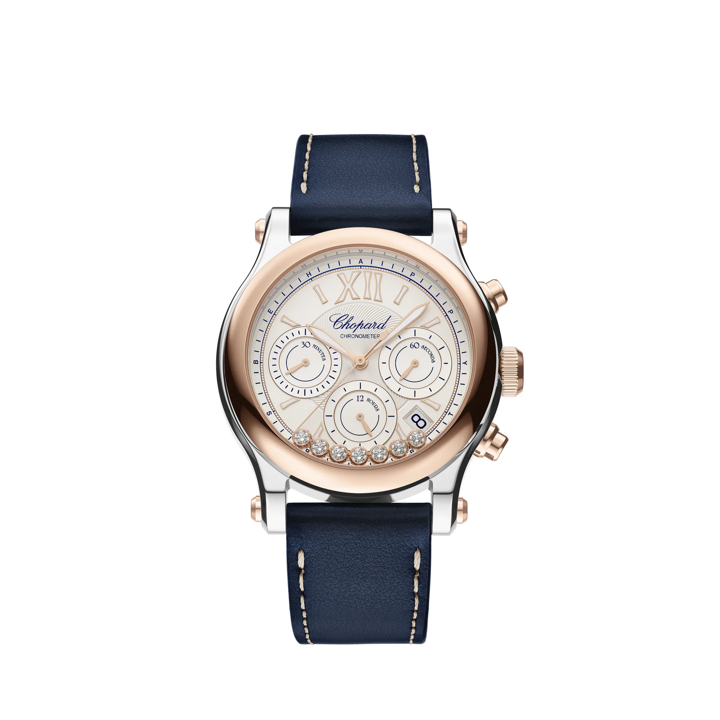 Chopard Happy Sport Stainless Steel and Rose Gold 40 MM - Blue Leather Strap - Diamond Bezel -  White Diamond Dial - 278615-6001