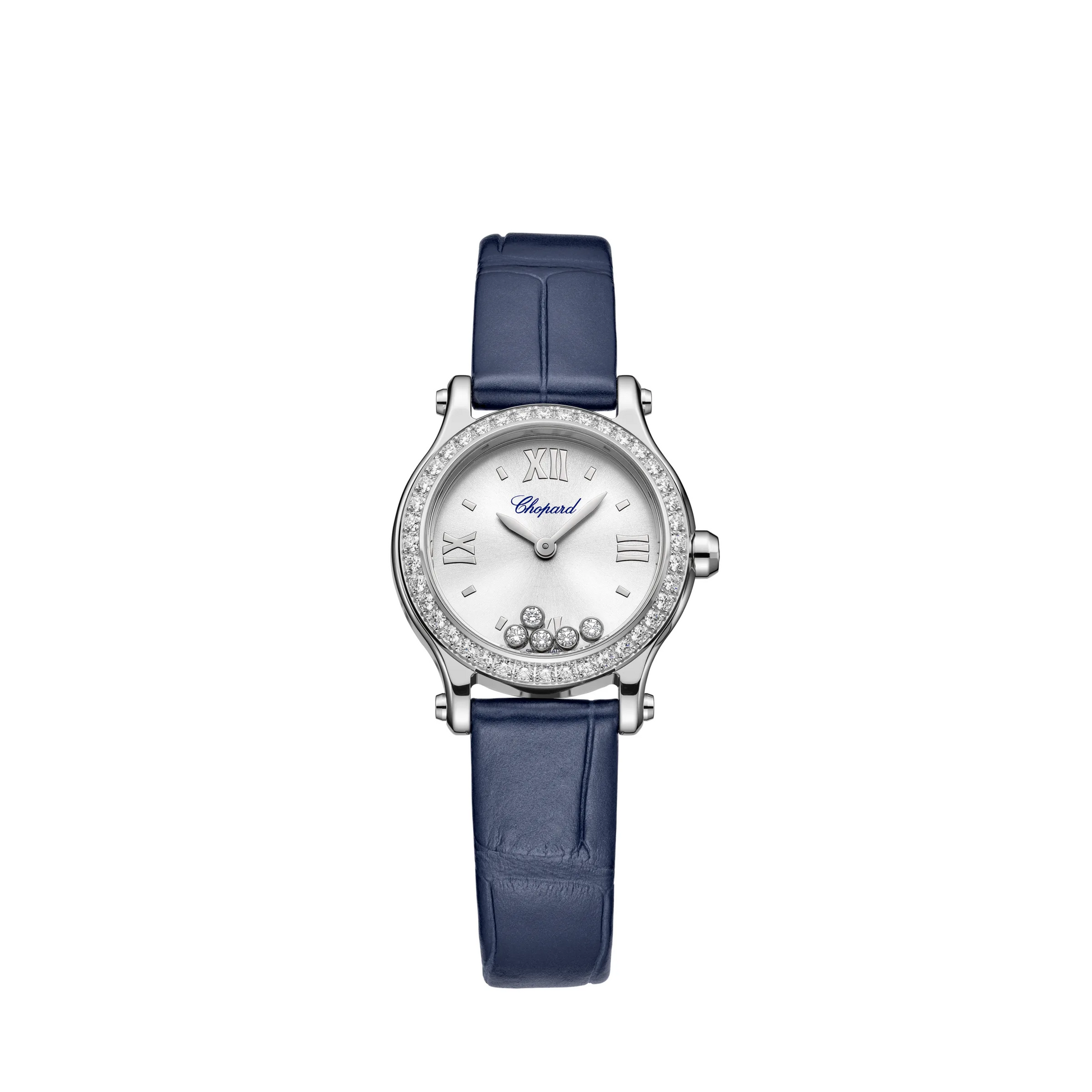 Chopard Happy Stainless Steel 25 MM - Blue Leather Strap - Diamond Bezel - White Diamond Dial - 278620-3002