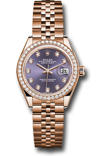 Rolex Everose Gold Datejust - 28 MM - Jubilee Bracelet - 44 Diamond Bezel - Aubergine Diamond Dial - 279135RBR adj