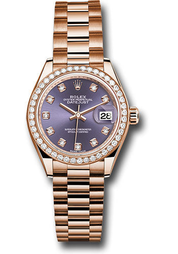 Rolex Everose Gold Datejust - 28 MM - President Bracelet - 44 Diamond Bezel - Aubergine Diamond Dial - 279135RBR adp